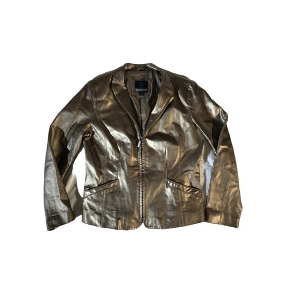 B by Bernardo Womens Metallic Full Zip Bronze Leather Jacket - Picture 1 of 16